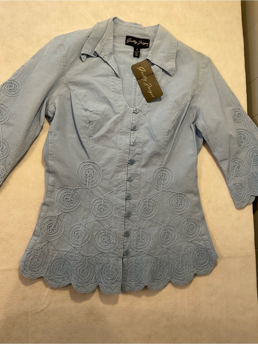 Gretty Zueger Light Blue Embroidered Button-Up Top